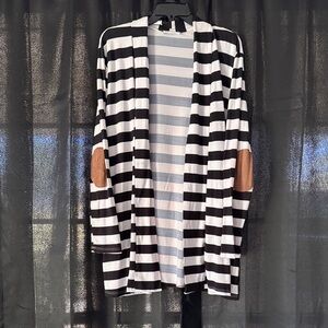 Reborn J Black and White Striped Cardigan with Brown Elbow Patches